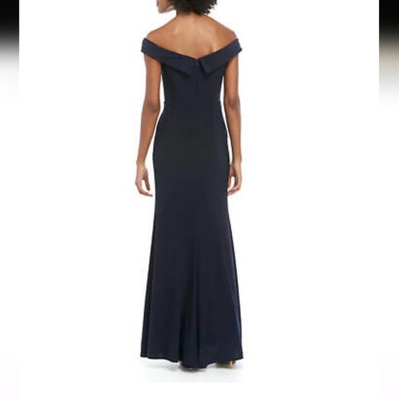 X by Xscape navy blue off shoulder maxi gathered A line formal dress gown sz 8 - Picture 14 of 14